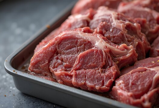Freshly cut slices of raw beef ready for cooking in a baking tray. beef cheeks