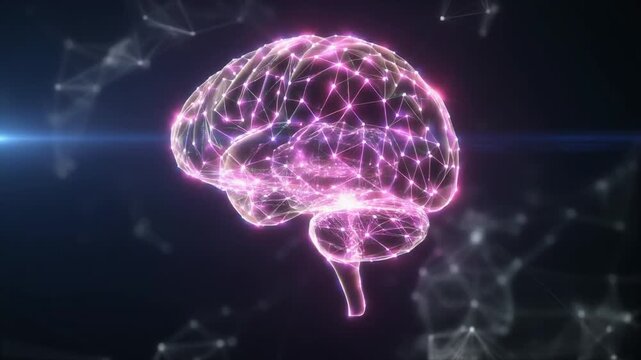 Glowing pink brain with neural network connections in dark background