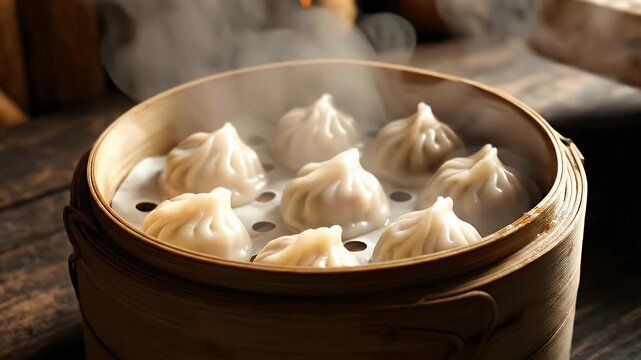 A cloud of steam rises from freshly cooked dumplings in a bamboo steamer