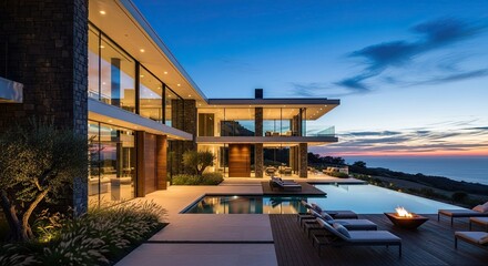 Fototapeta premium Luxury Modern Villa with Infinity Pool and Ocean Sunset View