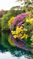 Obraz premium blooming mimosa flowers at park near lake