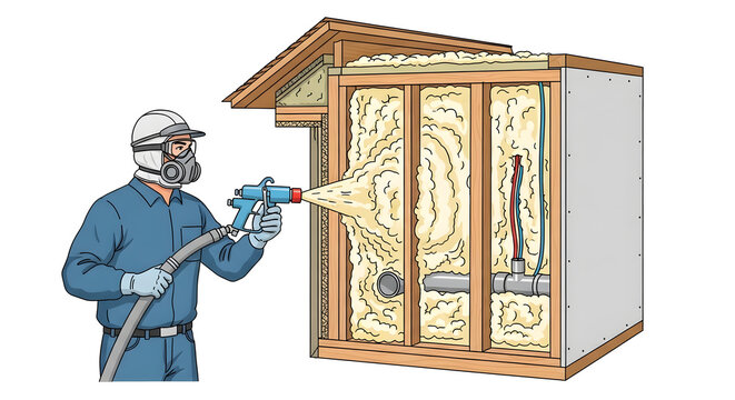 A professional worker in protective gear applying spray foam insulation to the interior wall of a building