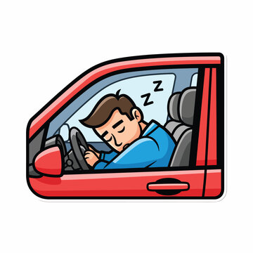 A cartoon man sleeping while driving a red car