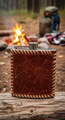 Metal drinking flask wrapped in distressed leather stands on weathered wood near a campfire in the woods