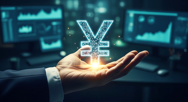 Professional person holding digital JPY stablecoin tokens representing Japanese yen cryptocurrency on futuristic blockchain network for global business finance and electronic banking technology