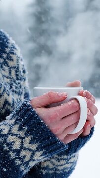 Person's hands covered in snow holding a warm mug of hot drink in winter