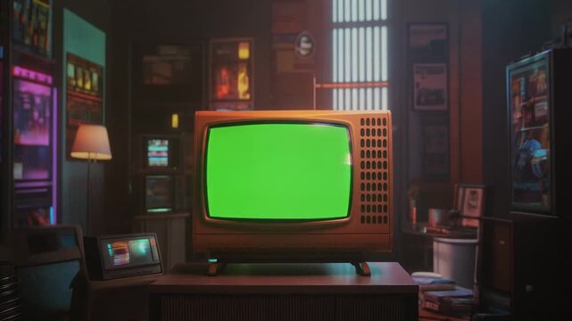 Retro tube tv, 90s television with a glitches, noise, interferenc, green screen in a mystery.