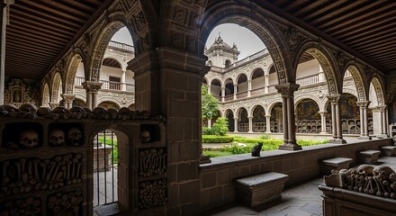 Fototapeta premium Ornate stone cloister frames a historic courtyard featuring ossuary decorations and a small black feline
