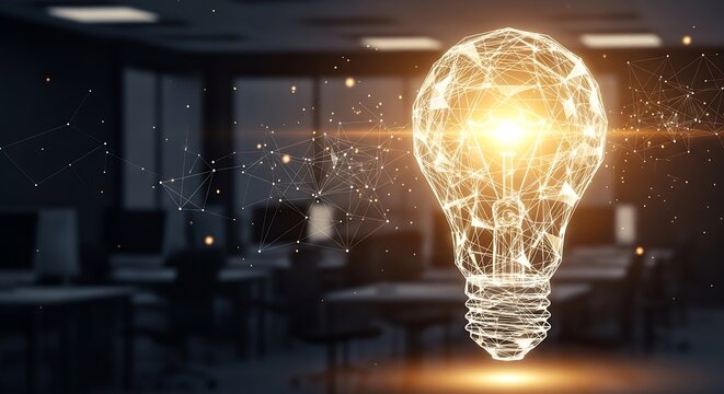 Futuristic office space illuminated by a glowing light bulb representing artificial intelligence and innovation in digital technology