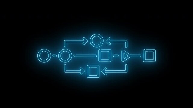 Neon blue flowchart diagram on a black background with glowing lines and shapes in a horizontal layout.