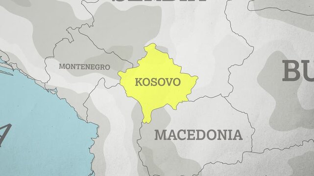 Basemap with a Zoom of the Kosovo Highlighted in Yellow. Generic World Map Animation