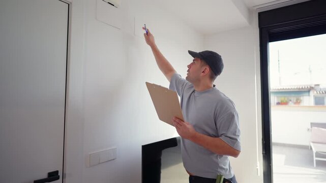 Service worker holding clipboard reaches toward wall device inside modern apartment. Indoor scene reflects property inspection, technical check and professional home maintenance routine.