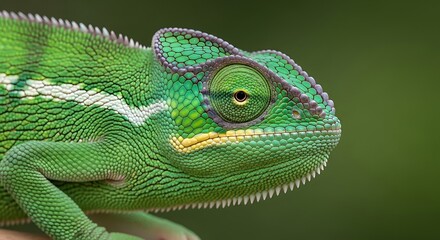 Fototapeta premium Close-up of a vibrant green chameleon's head with striking detail and textured skin