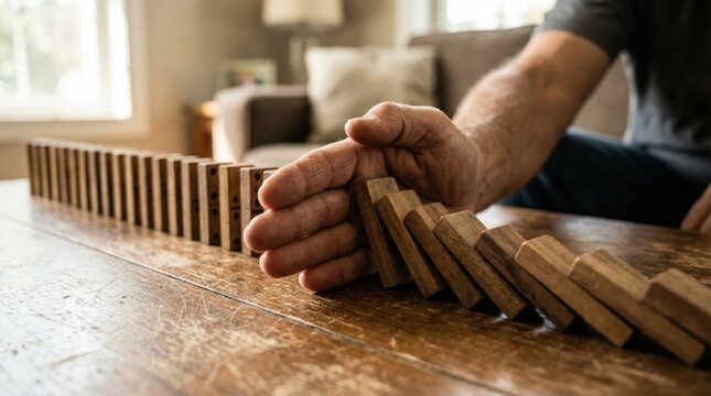 Male hand intervention halting wooden domino chain reaction on tabletop, demonstrating risk management, prevention strategy, crisis control, and proactive problem resolution concept