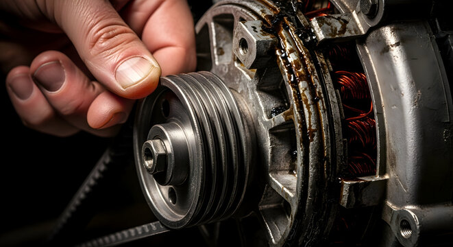 Mechanic Inspecting a Worn Car Alternator Pulley and Belt System.
