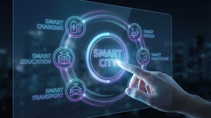 Obraz premium Futuristic human hand interaction with smart city dashboard interface displaying icons for energy, transport, healthcare, education, and charging optimization in urban infrastructure analytics