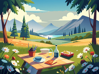 Obraz premium colorful illustration of a Peaceful Picnic in Sunlit Meadow with Summer Flowers