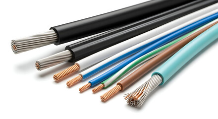 Fototapeta premium Close-up of various electrical wires and cables with exposed copper and insulation.