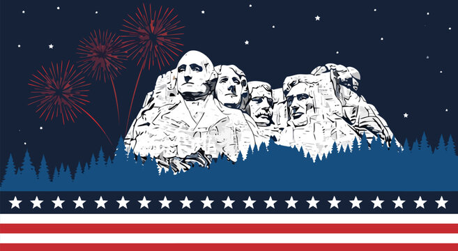 Vibrant Vector Illustration of Mount Rushmore with Fireworks, Patriotic Stars, and Trees under Starry Night Sky