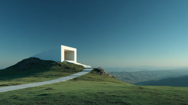 Minimalist white building on a hill in Greece under clear blue sky with green grass field, hyper-realistic cinematic architecture rendered in octane style inspired by light and space design concepts