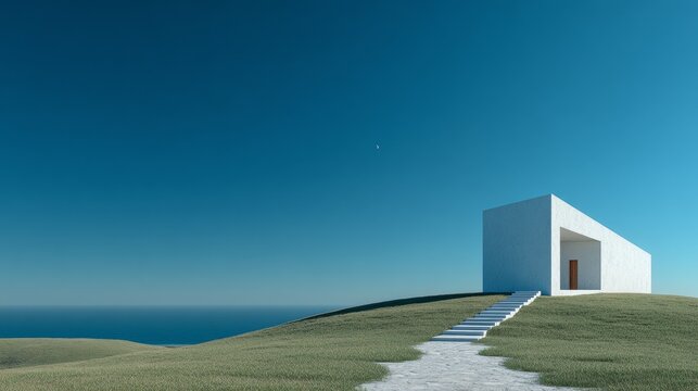 Minimalist white building on a hill in Greece under clear blue sky with green grass field, hyper-realistic cinematic architecture rendered in octane style inspired by light and space design concepts