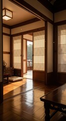 Warm sunlight streams across polished wooden floors inside a traditional domestic structure