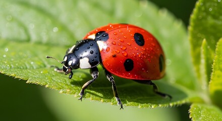 Obraz premium Detailed macro view of a charming spotted ladybug covered in sparkling morning dew on a fresh green leaf, vibrant insect wildlife