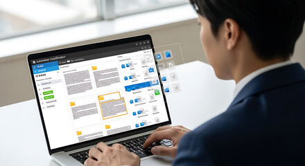 Fototapeta premium Advanced Digital Document Management System DMS featuring Automated Classification Technology with Virtual Text Folders and Secure Data Storage Icons on Futuristic Interface Backdrop