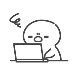 ノートパソコンの前で悩むひよこの手書き線画イラスト　もやもやする思考 © Nitomaru