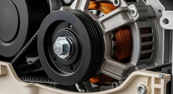Close-up of a car alternator with pulley and belt.