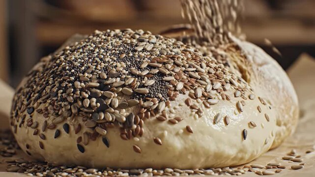 Mixed seeds are sprinkled onto a rustic loaf of artisan bread dough