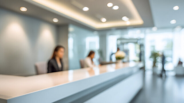 A blurry image of people queuing at a service counter inside a modern building, in a bank or government agency setting.