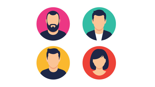 Set of four diverse human profile avatars in colorful circles featuring different hairstyles and facial hair for social media or user interface designs.