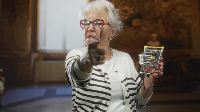 Senior woman points finger forward while holding miniature shopping cart in ornate historic building; defiance thrift humor.