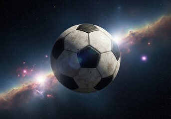 Naklejka premium A worn soccer ball floats in the vastness of space, set against a backdrop of stars and a colorful nebula, evoking themes of dreams, ambition, and the universe of sports