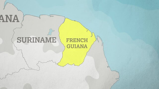 Basemap with a Zoom of the French Guiana Highlighted in Yellow. Generic World Map Animation