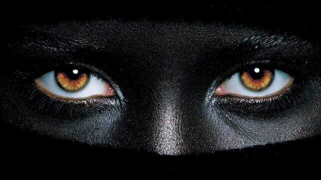 Intense amber eyes peering through a black niqab or dark face paint. High-contrast portrait emphasizing a powerful, mysterious gaze against a deep black background.