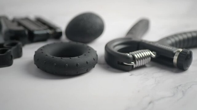 Hand grip exercise tools on a table for strength training