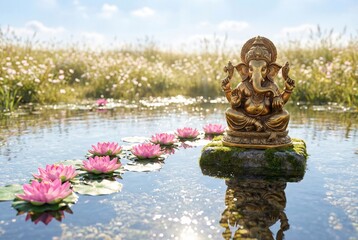 Fototapeta premium Golden ganesha idol seated on mossy rock in calm water with pink lotus flowers and sunny field background
