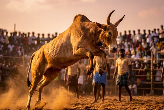 Powerful indian bull leaps in dusty arena during traditional jallikattu festival