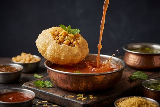 Crispy indian pani puri street food with spiced potato and chickpeas, flavored water splash