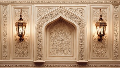Ornate carved wooden wall features a central arched niche flanked by intricate metal lanterns.