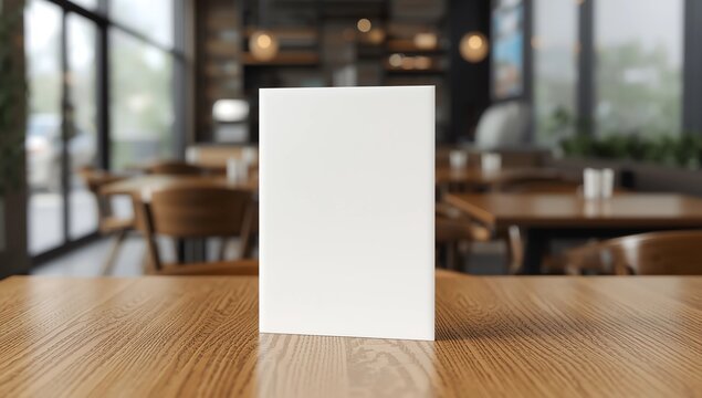 mockup of a food menu list stand on wooden table inside restaurant with people and family sitting having dinner during evening sunset, represent sales promotion and discount design mockup presentation