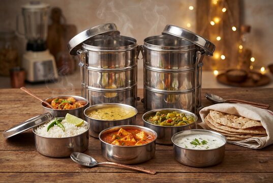Hot indian tiffin meal with paneer dal rice and roti in stainless steel containers on wooden table