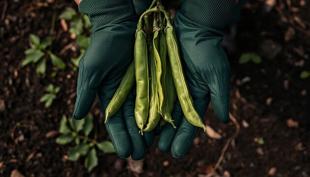 Hands Wearing Garden Gloves picking Bakla (Fava Beans)