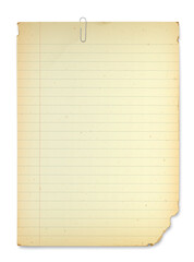 Fototapeta premium Vintage lined notepaper size A4 have stains effect with paper clip isolated