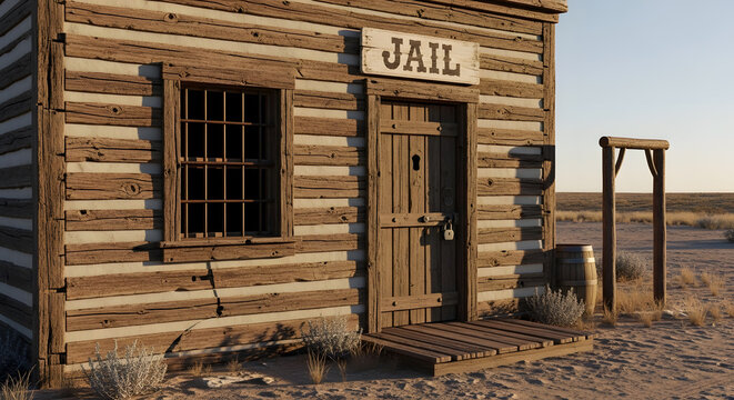 A wooden rustic jail building in a dry desert landscape during sunset