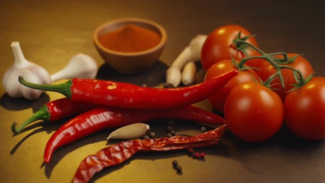 Close up of red chili peppers with garlic and tomatoes, representing cooking ingredients, spicy cuisine, and fresh kitchen preparation.