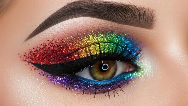 Vibrant Rainbow Glitter Eye Makeup Look Featuring Bold Eyeliner and Detailed Application Close Up