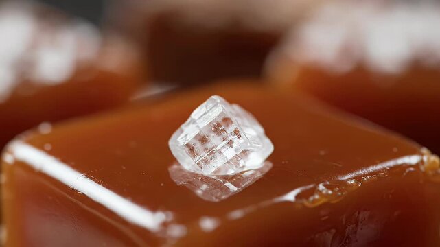 Tweezers placing a single grain of fleur de sel on caramel candy